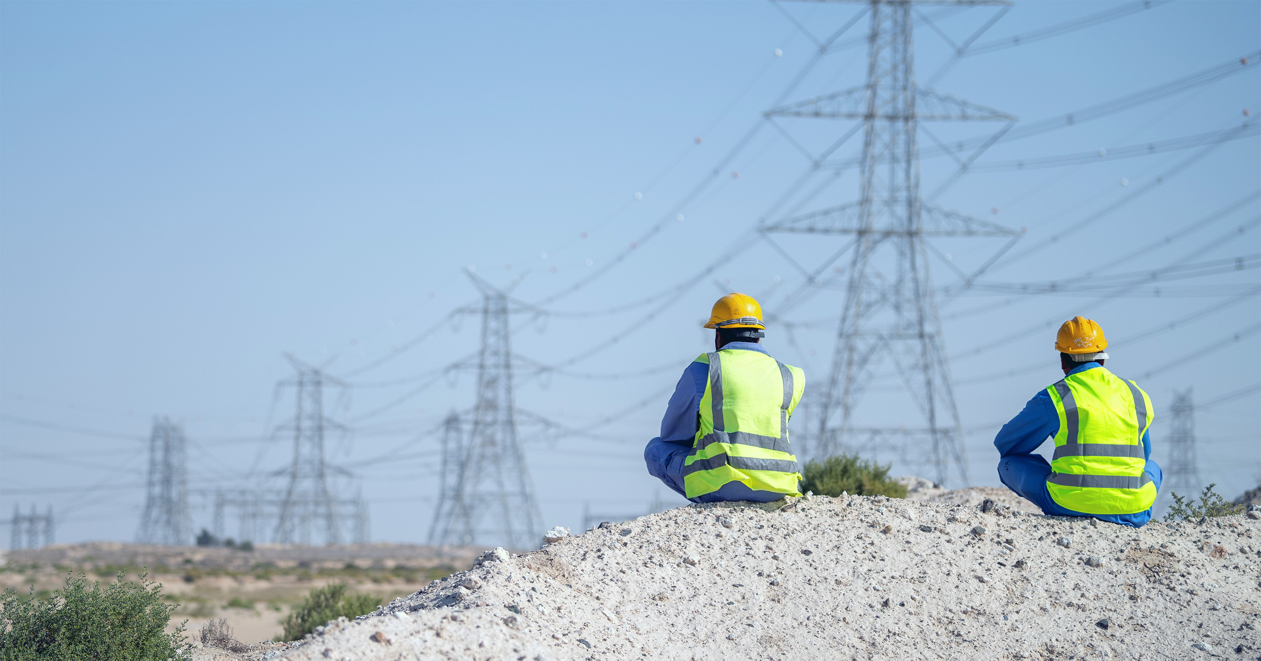 Two workers viewing power grids